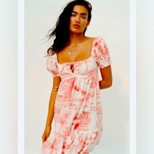 Urban Outfitters Wonderland White & Orange Tie Back Babydoll Dress sz L